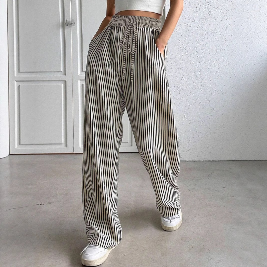Striped Wide-Leg Drawstring Pants with Pockets