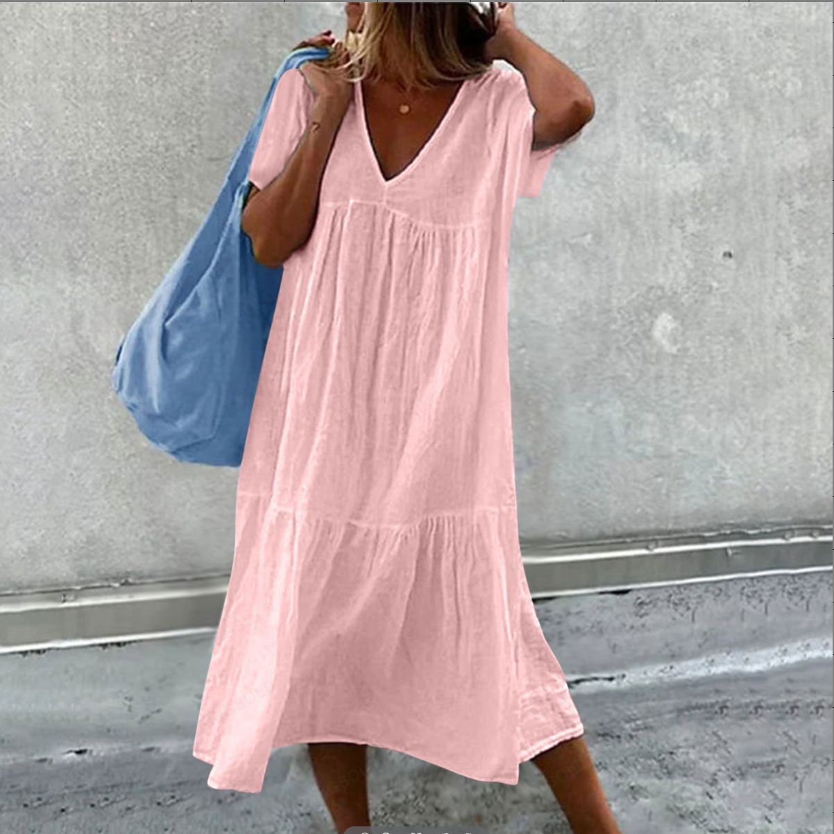 Women's Cotton Linen Short Sleeve Midi Dress Crew Neck