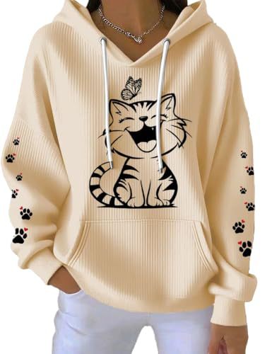 Women's Cat Paw Print Hoodie Long Sleeve Crewneck Pullover