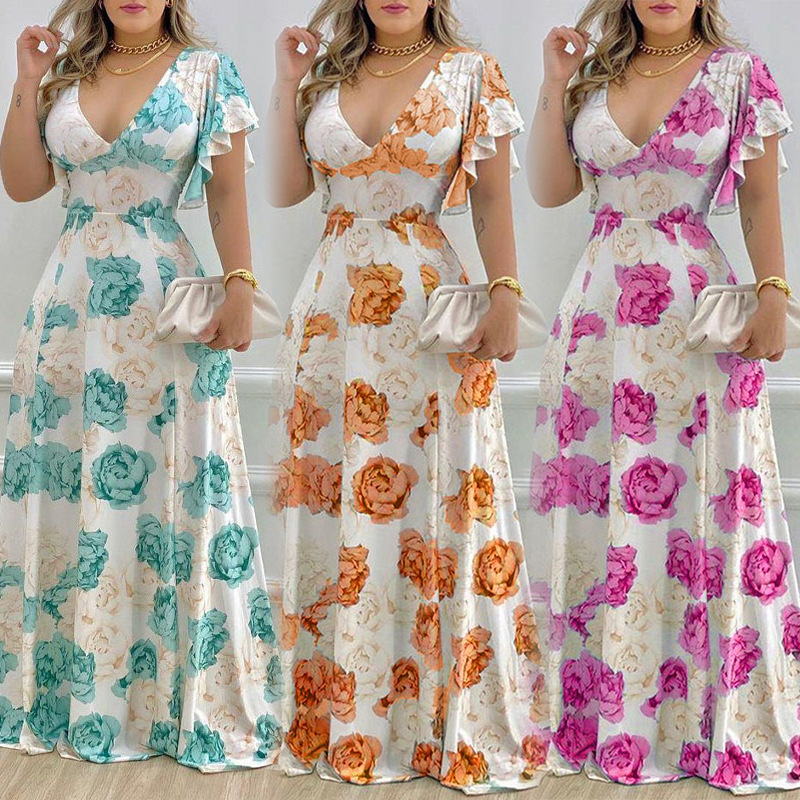 Women's Long Sleeve V-Neck Floral Print High Waist Maxi Dress