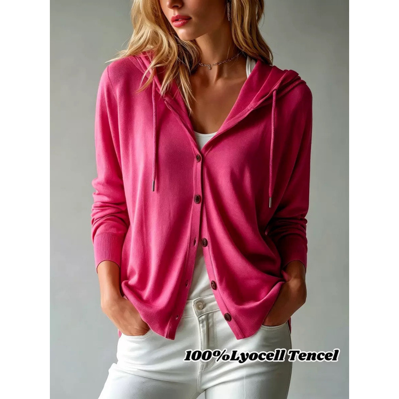 Women's Hooded Knit Cardigan Solid Color Long Sleeve Lightweight Loose Fit