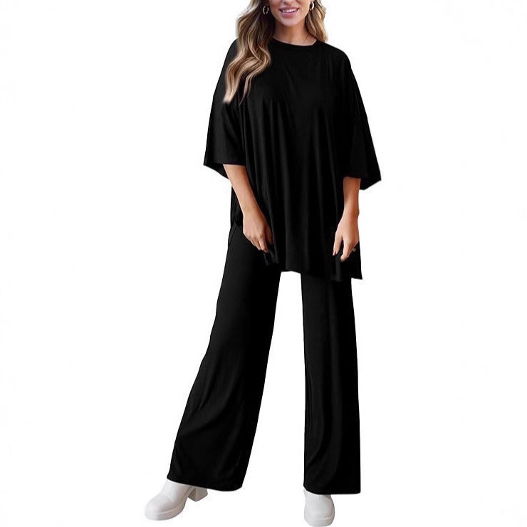 Women's Casual Two-Piece Set Short Sleeve Top & Wide-Leg Pants