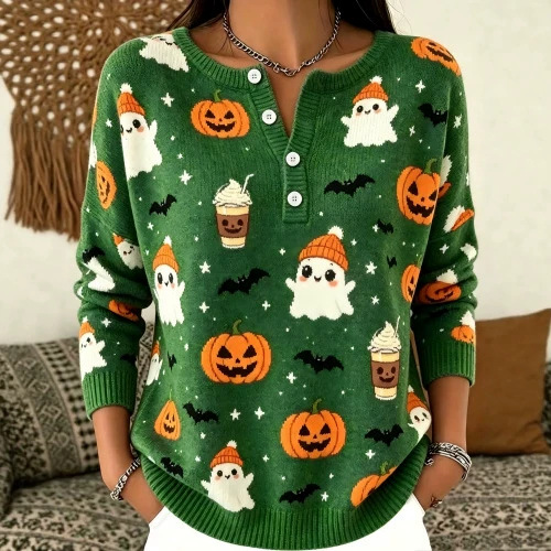 Women's Halloween Pumpkin Ghost Print Button Sweatshirt