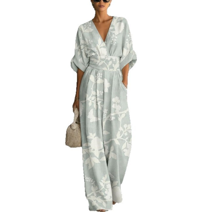 Elegant V-Neck Printed Jumpsuit with Cinched Waist