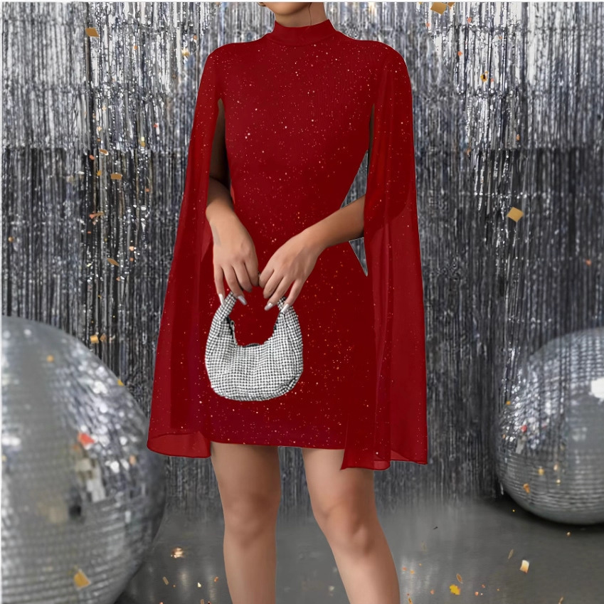 Women's Crew Neck Ribbed Pearl Chiffon Cape Bodycon Dress