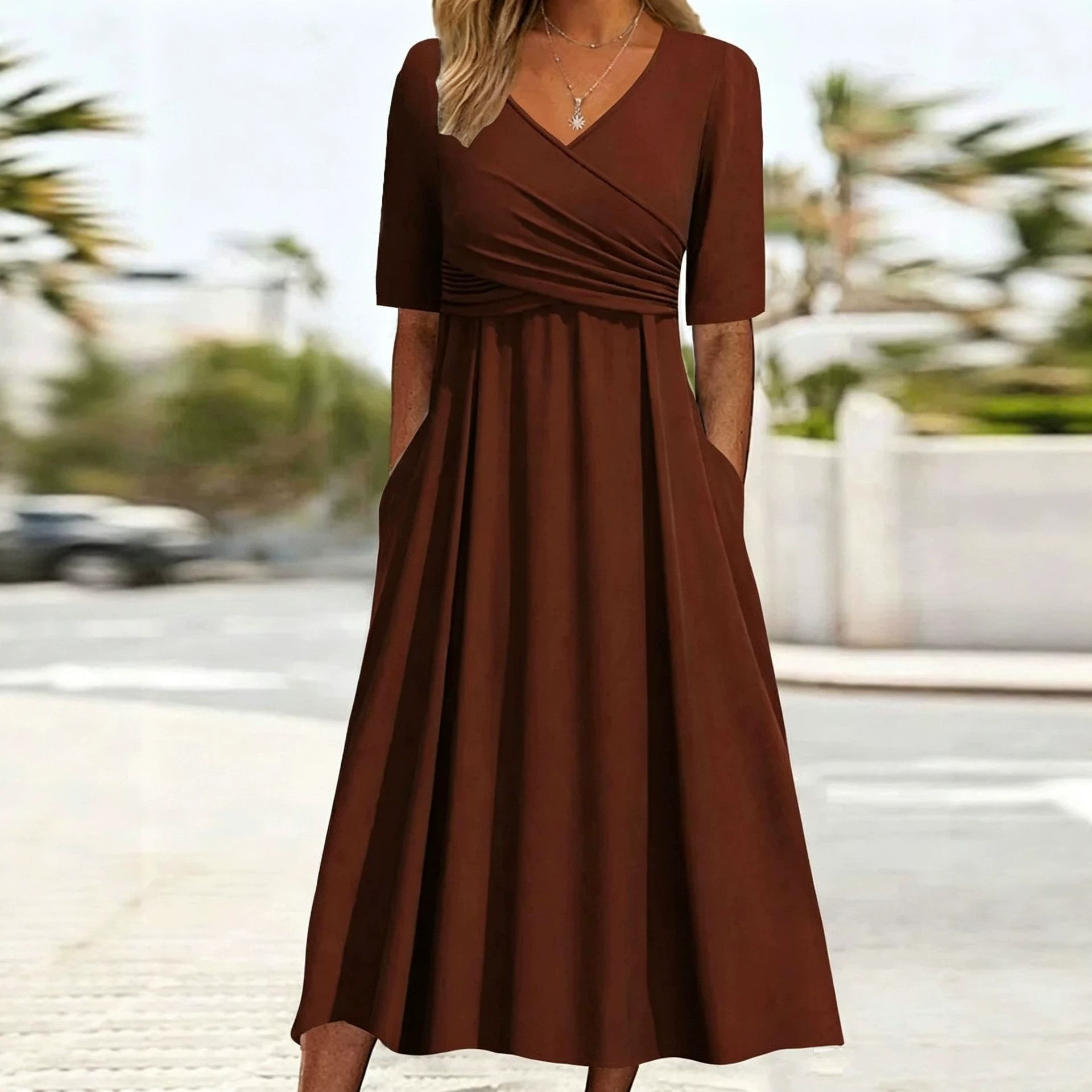 Women's Elegant Solid V-Neck Midi Sleeve Maxi Dress