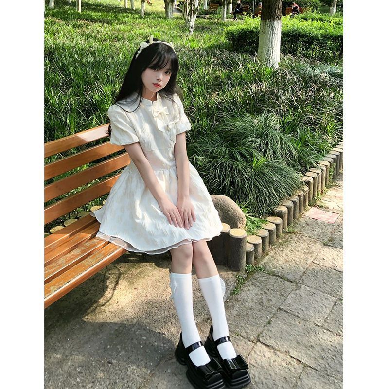 New Chinese Style Bow Jacquard Mesh Mini Dress with Cinched Waist