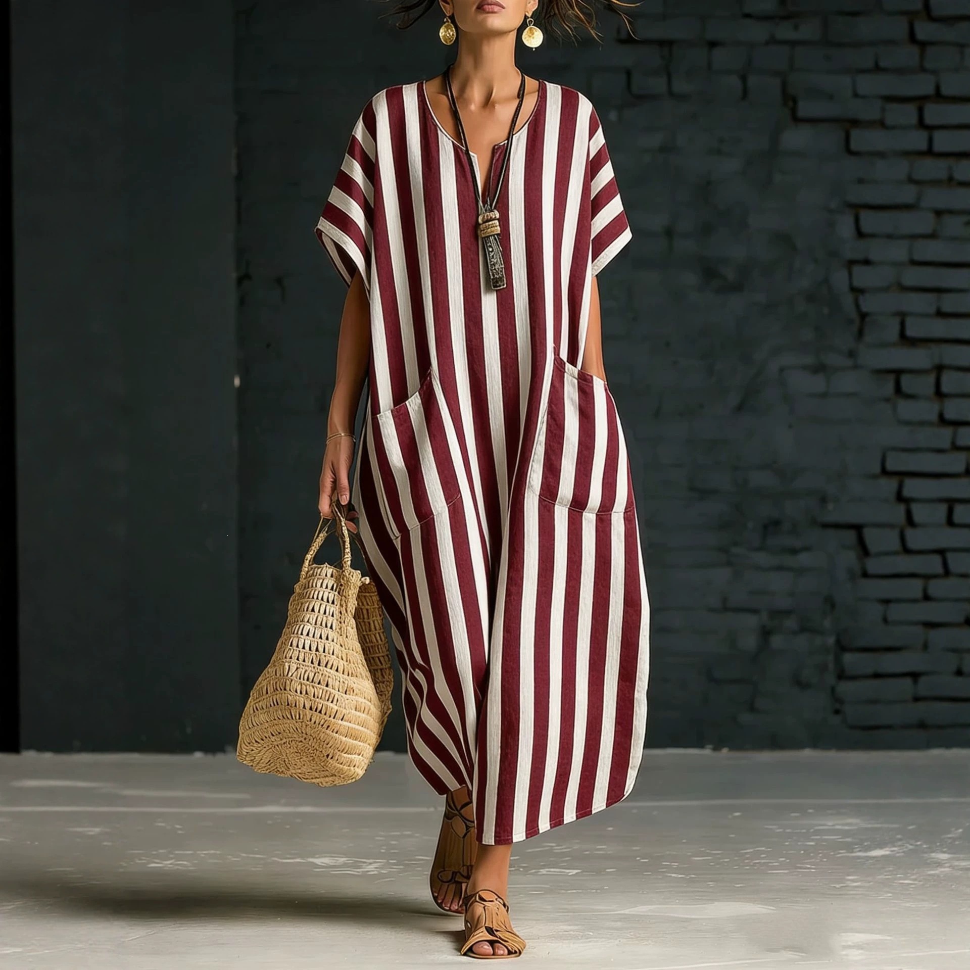 Women's Loose V-Neck Striped Print A-Line Midi Dress
