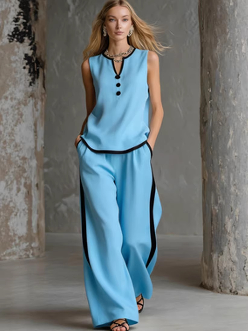 Women's Sleeveless Button Two-Piece Pant Set Casual Solid Color