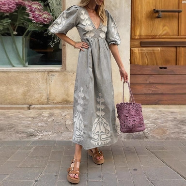 Floral Print V-Neck Puff Sleeve Open Back Loose Casual Midi Dress