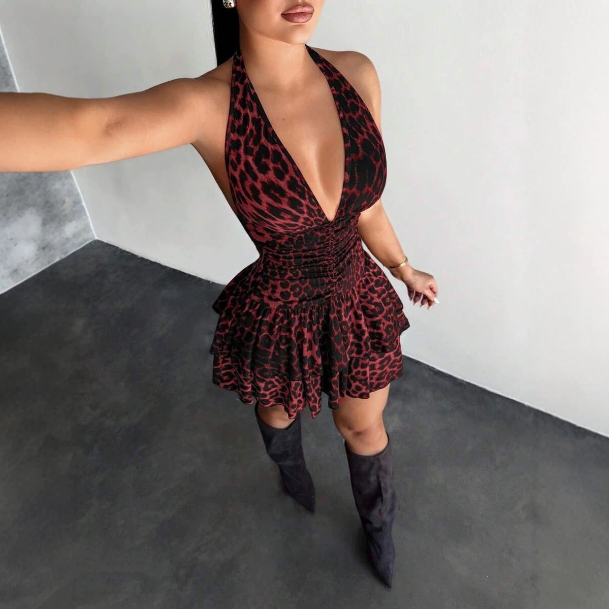 American Retro Leopard Print Backless Lace-Up Bodycon Mini Dress