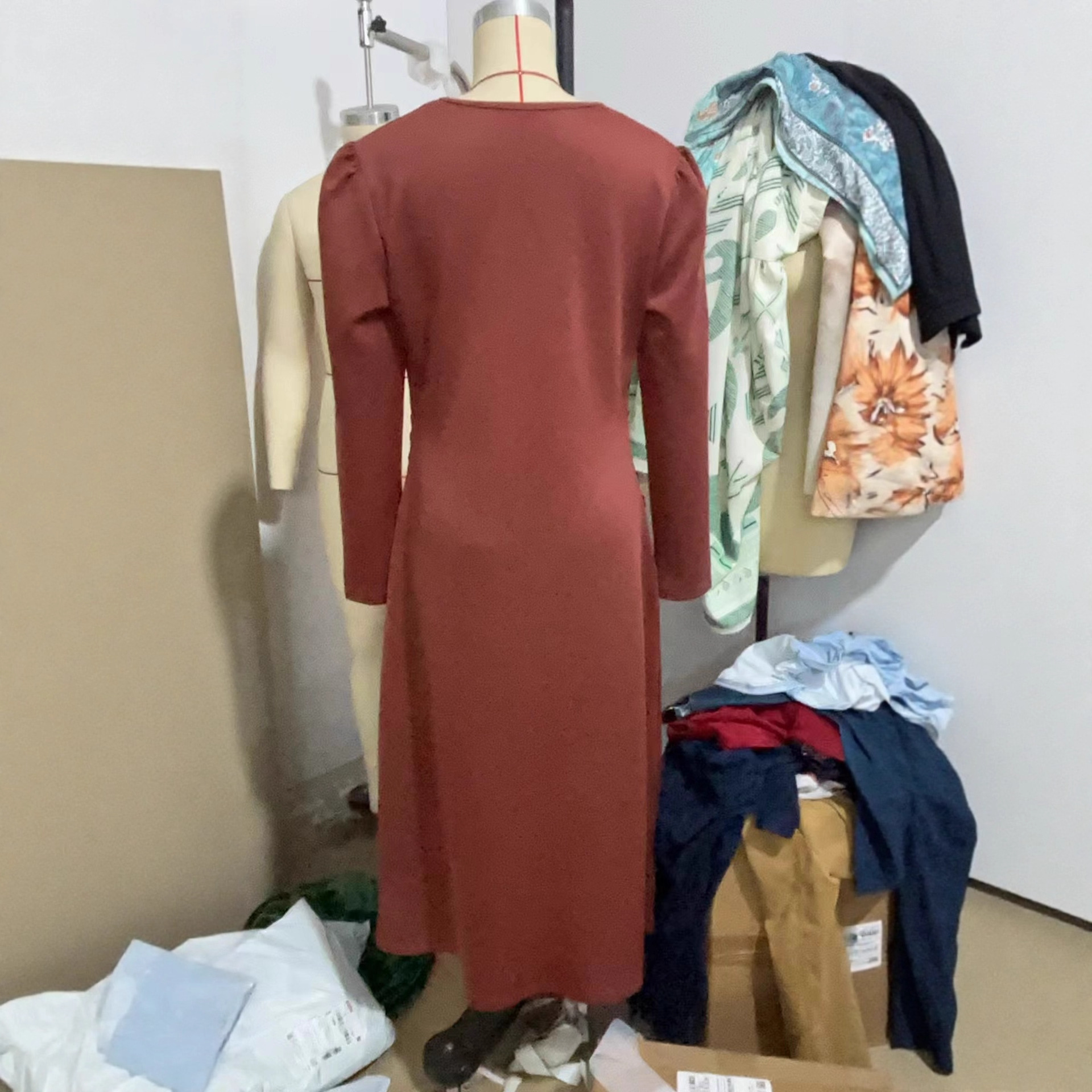 Women's Twist Knot Long Sleeve Maxi Dress Slimming V-Neck