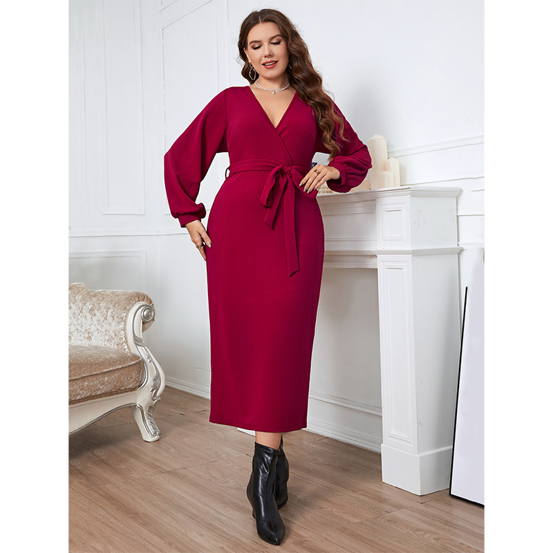 V-Neck Long Sleeve Slim Fit Red Maxi Dress