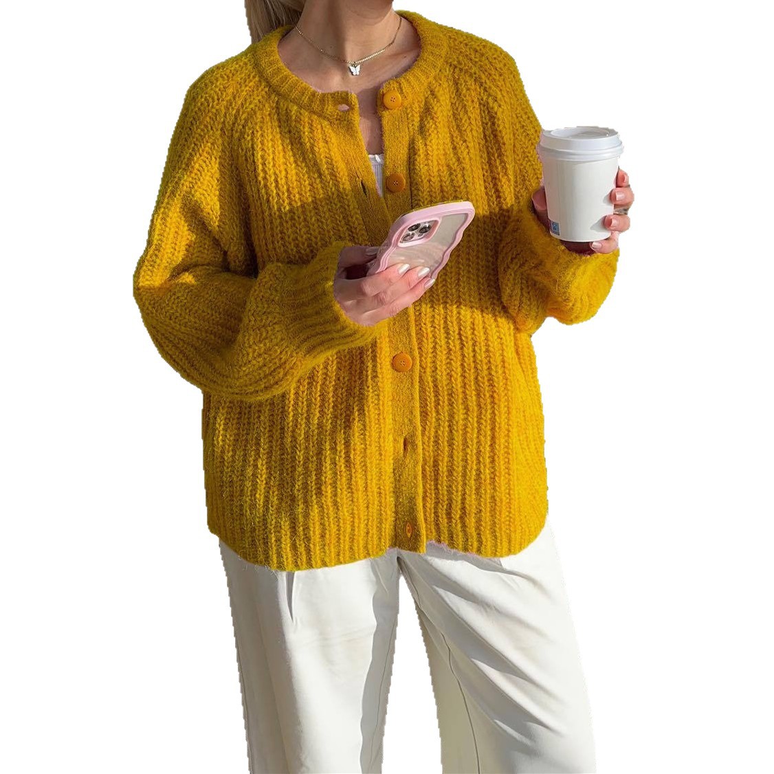 Women's Solid Color Knit Cardigan Crew Neck Long Sleeve Sweater