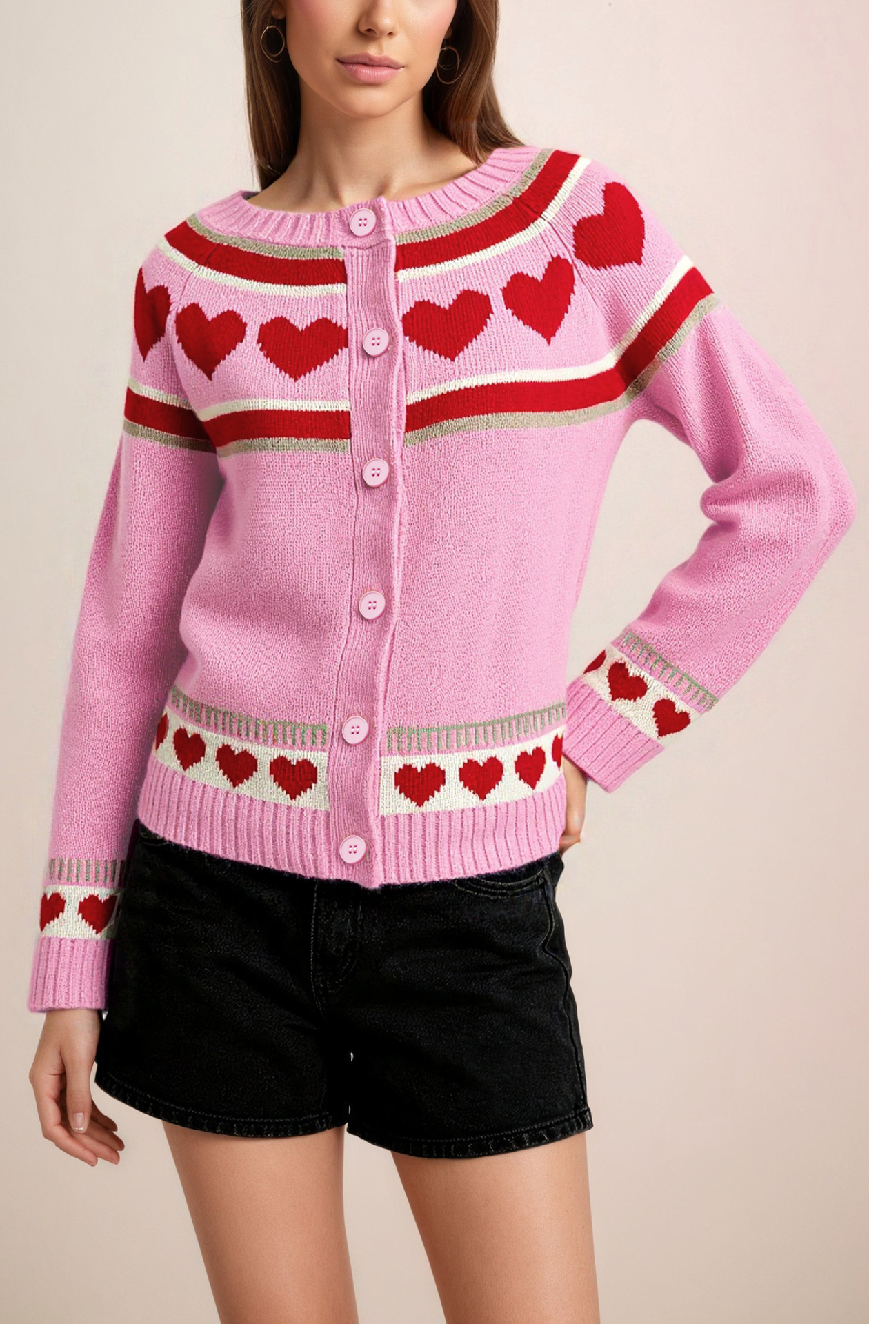Retro Heart Pattern Knit Cardigan with Round Neck and Buttons, Loose Fit