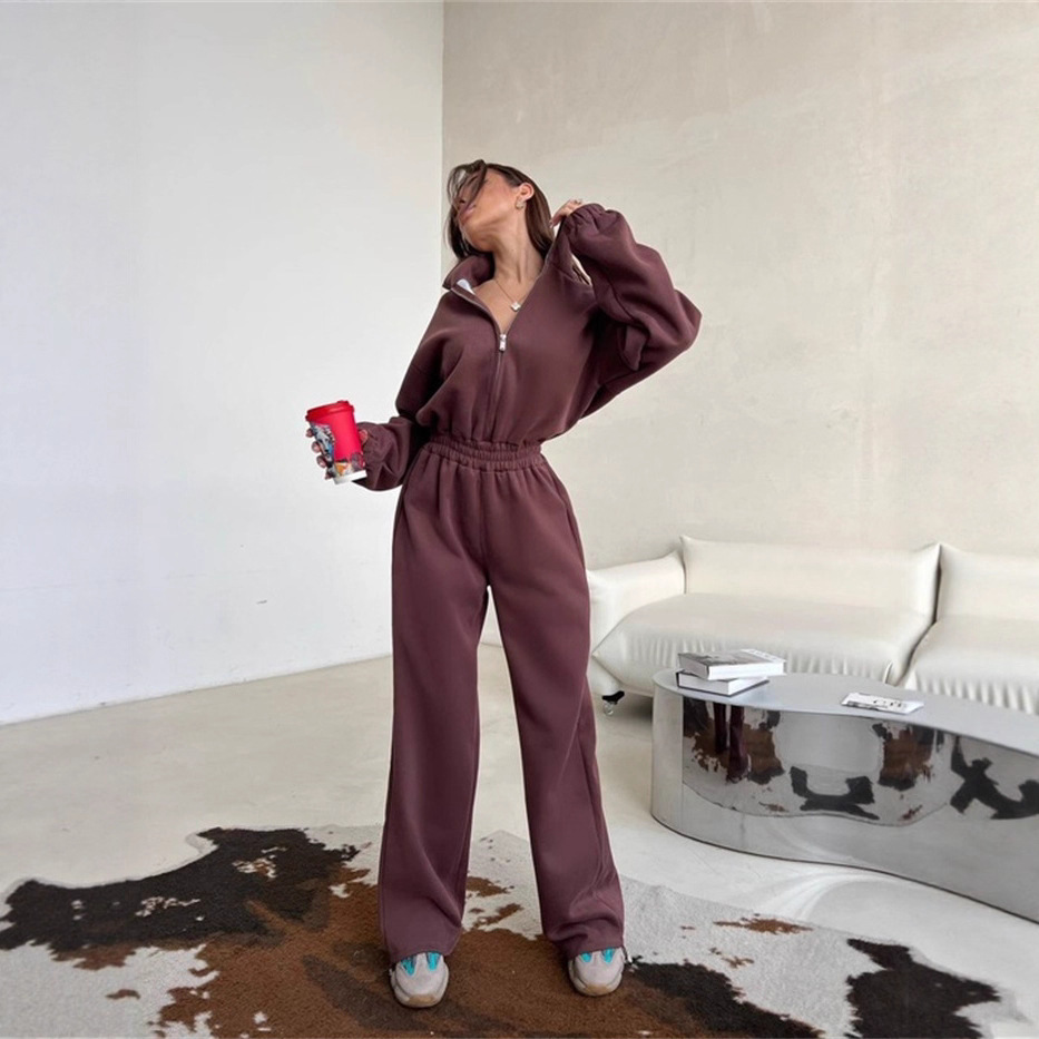 Women's Solid Color Long Sleeve Zip Neck Wide Leg Jumpsuit