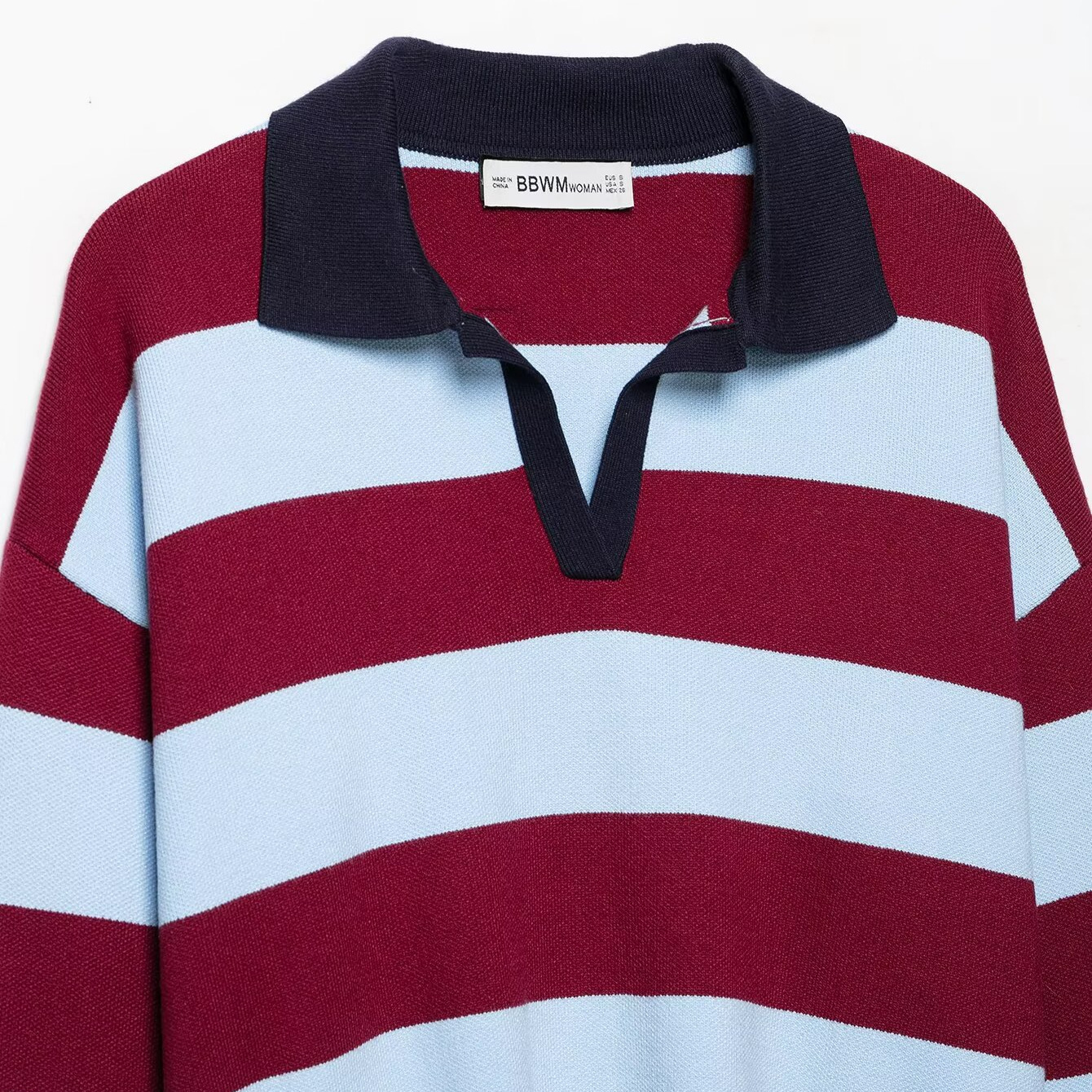 Striped Knit Polo Collar Top