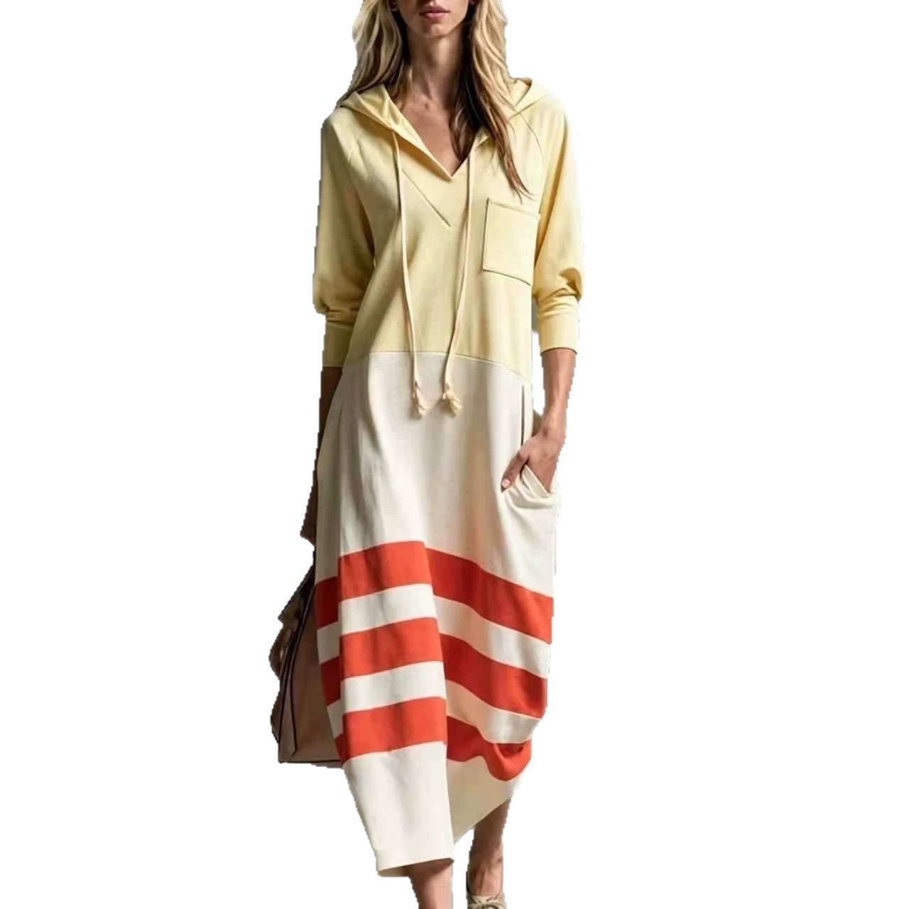 Women's Casual Color-Block Striped Hooded Sweatshirt Dress Loose 3/4 Sleeve A-Line Midi