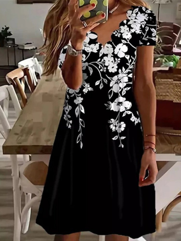 Women's Summer Digital Print V-Neck Short Sleeve Dress