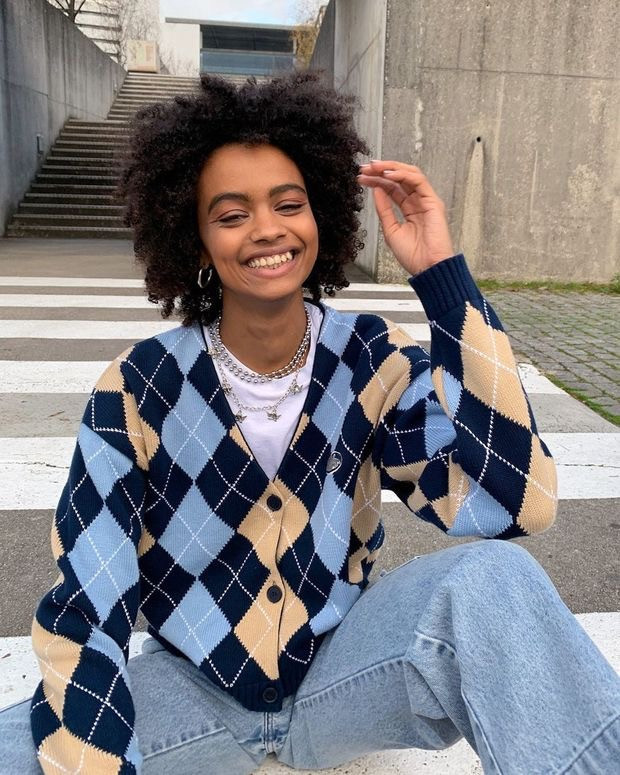 Women's Retro Diamond Pattern Cardigan Long Sleeve Knit Sweater
