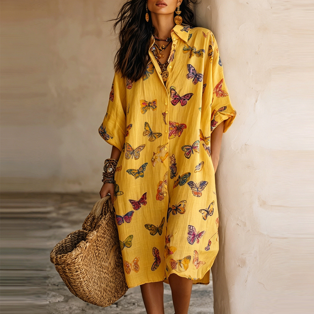 Butterfly Print V-Neck Midi Dress with Three-Quarter Sleeves