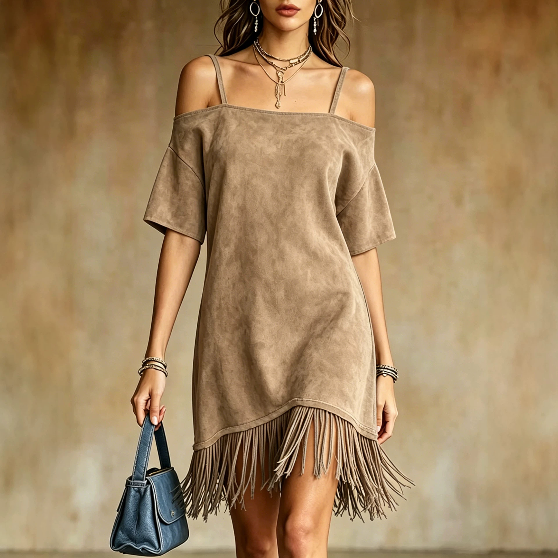 Suede Off-Shoulder Cami Dress with Fringe Hem Western Midi