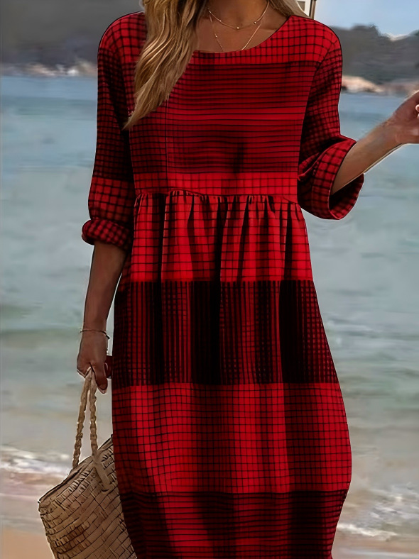 Women's Solid Plaid Print Ruched Midi Dress