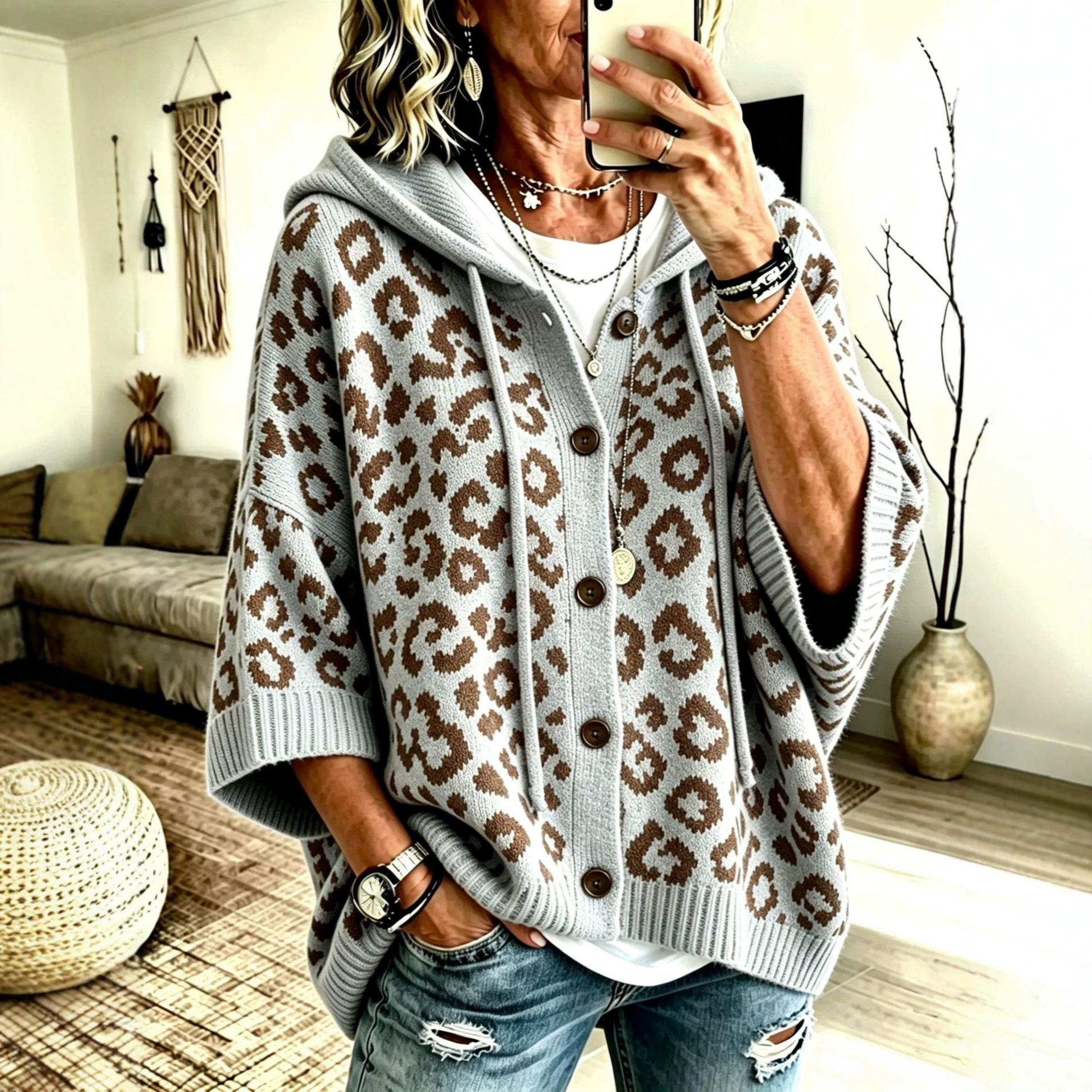 Leopard Print Button-Up Hooded Knit Cardigan Sweater