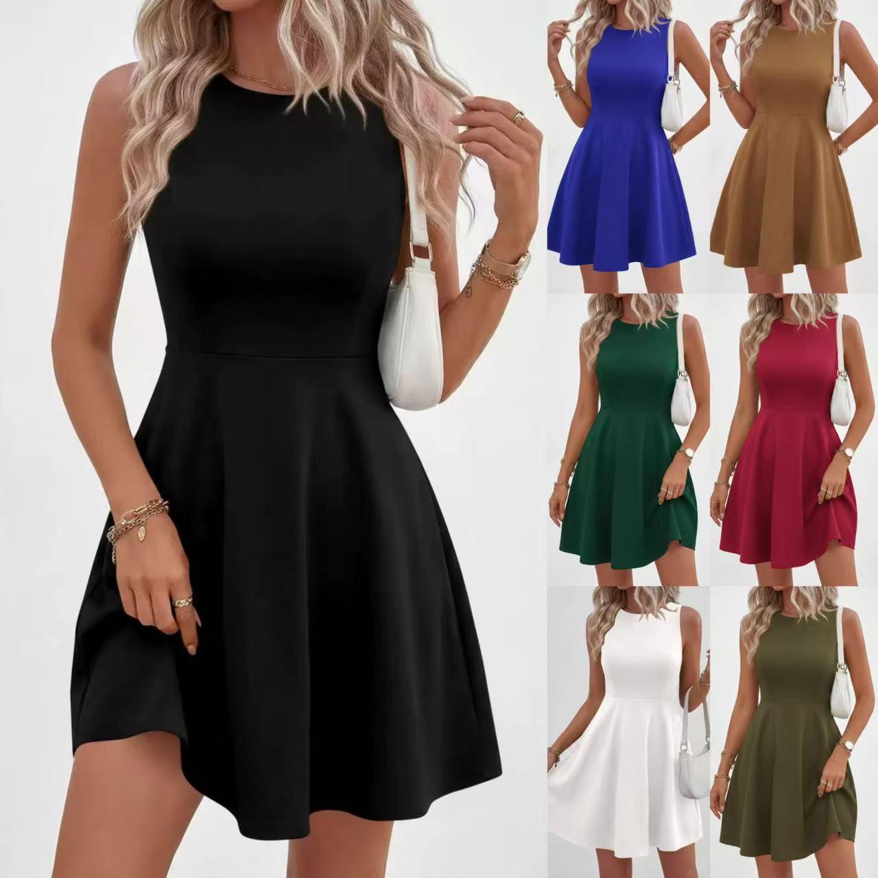 Women's Casual Round Neck Slim Fit Midi Dress