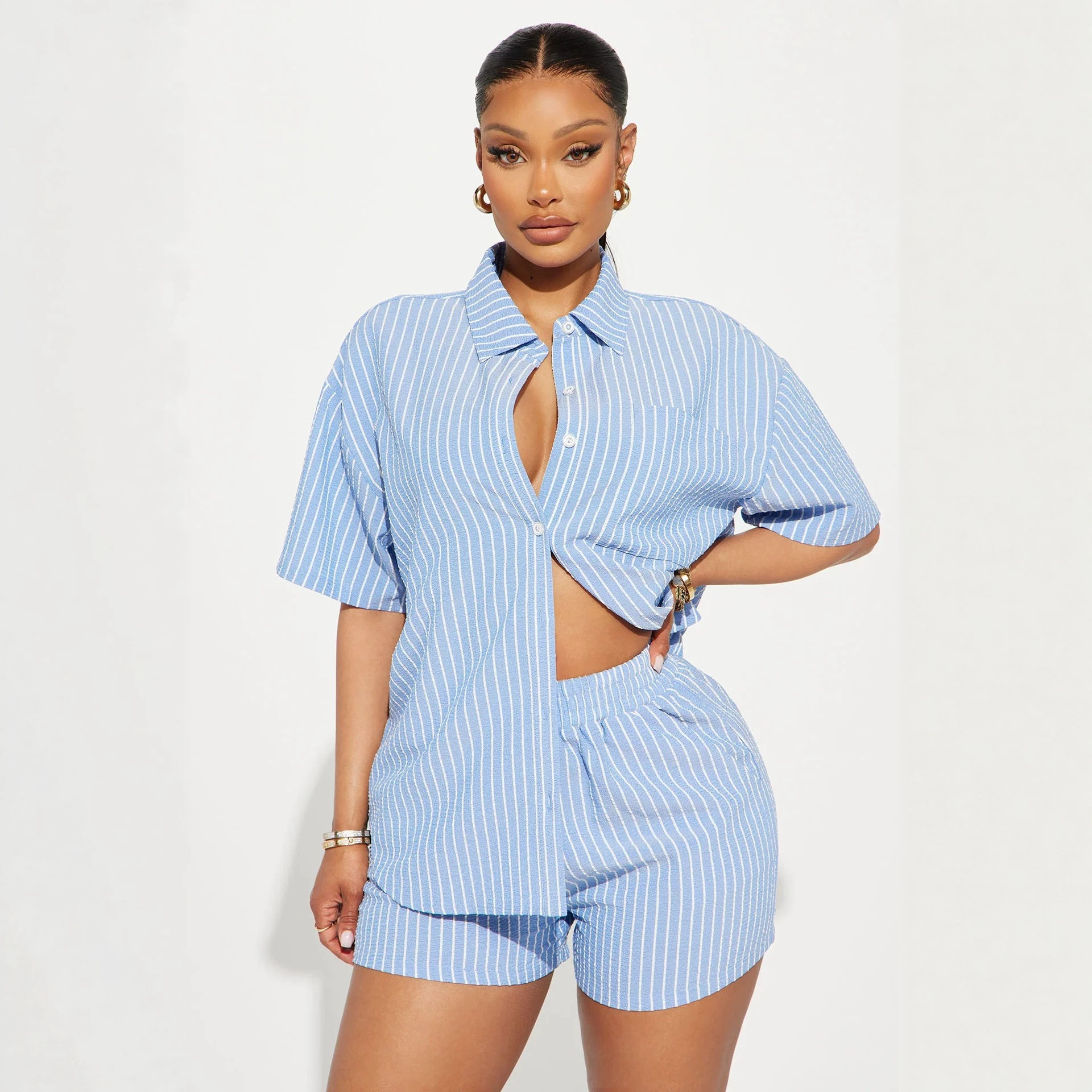 Women's Striped Short Sleeve Shirt and Elastic Waist Shorts Two-Piece Set