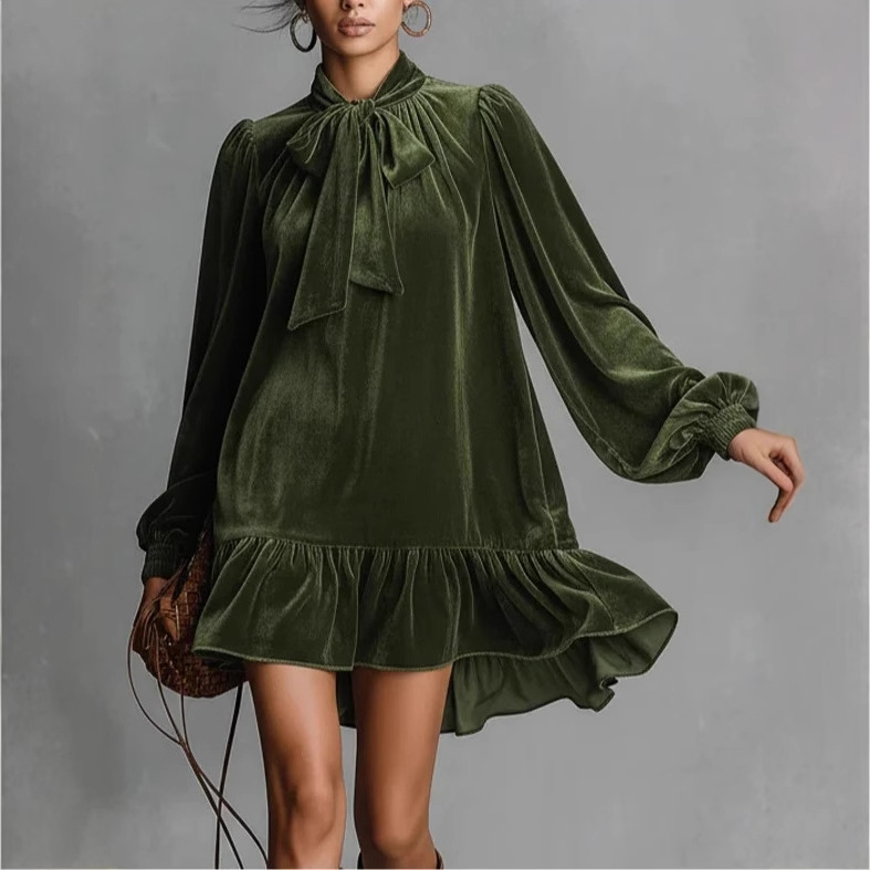 Velvet V-Neck Long Sleeve Bow Dress