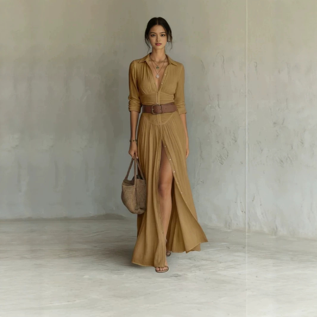 Women's Collared Long Sleeve Shirt Dress High Waist Pleated Split Long Vacation Dress with Belt