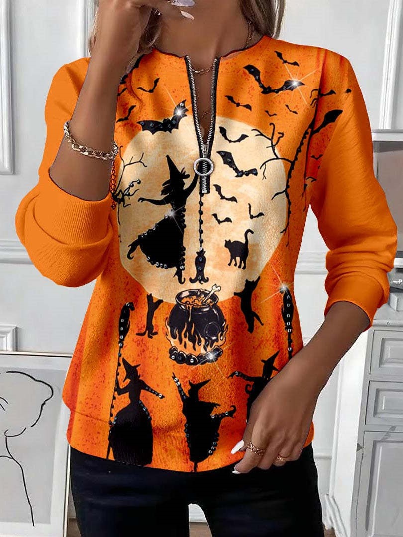 Women's Boho Print Long Sleeve Zip-Up Sweatshirt Casual Top