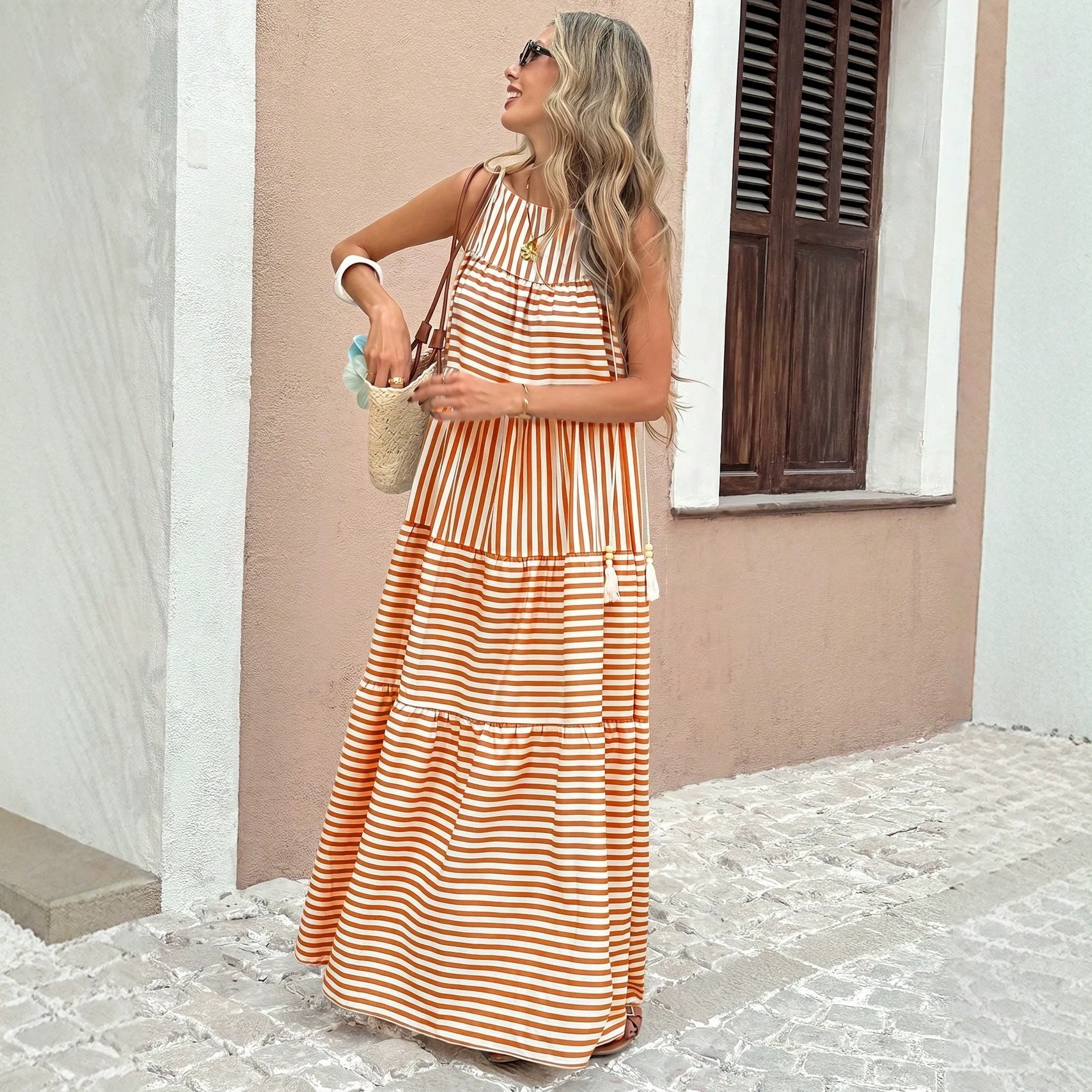 Women's Striped Fringe Tiered Cami Maxi Dress Beach Vacation