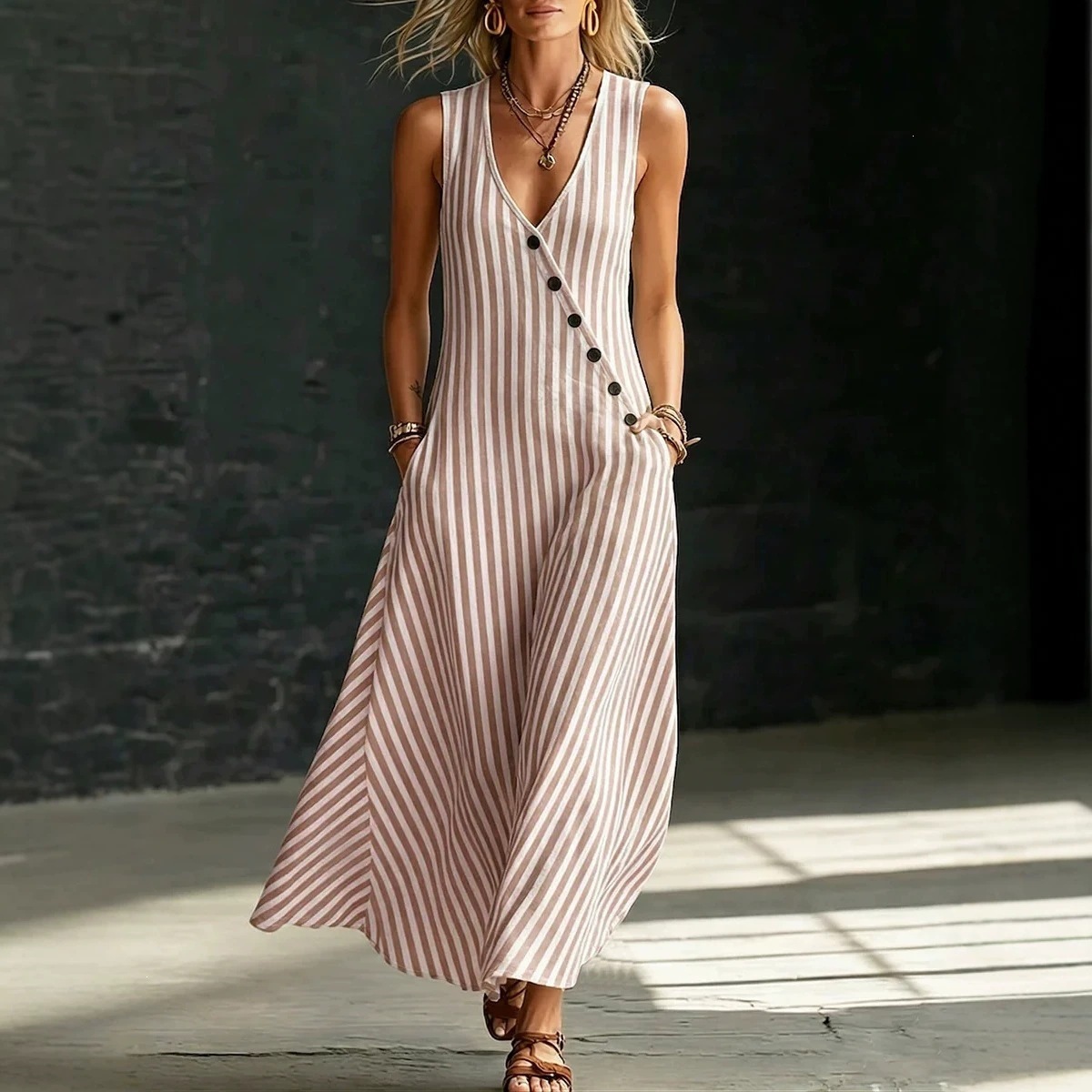 V-Neck Button-Front Striped Sleeveless Maxi Dress