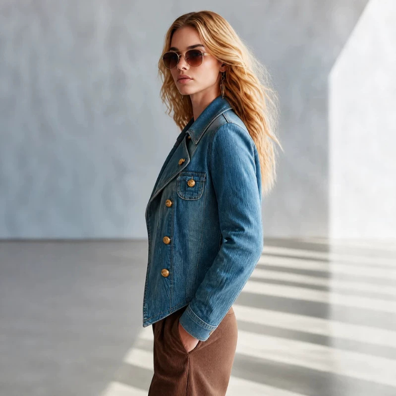 Women's Cropped Slim Fit Denim Jacket with Gold Buttons