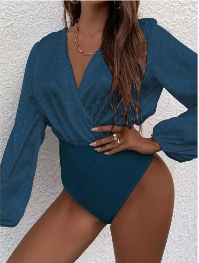 Long Sleeve Collarless Jacquard Slim Fit Bodysuit