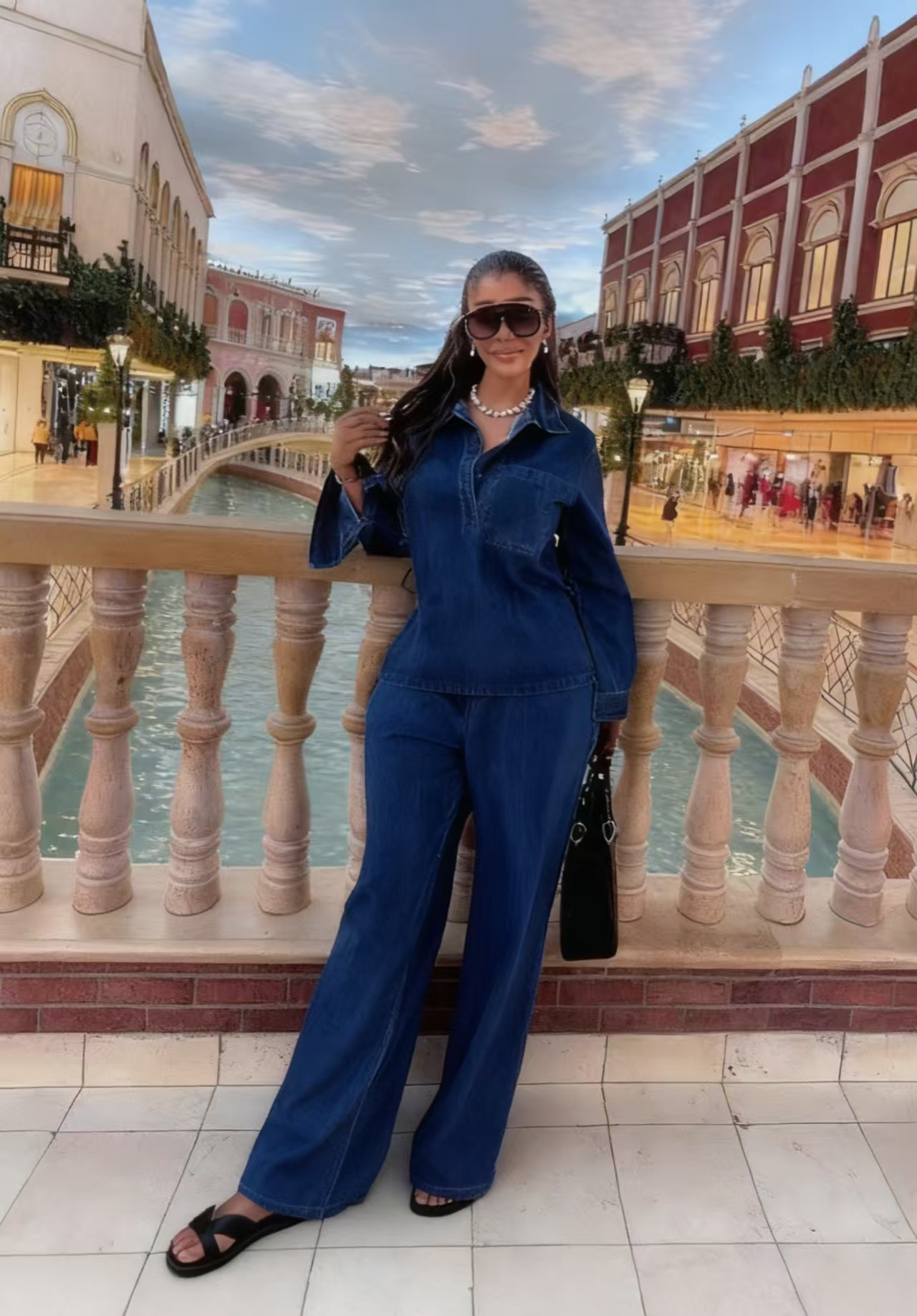 Women's Washed Blue Denim Top and Straight-Leg Pants Set
