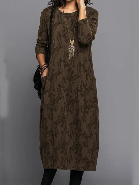 Women's Printed Round Neck Long Sleeve Pocket Dress