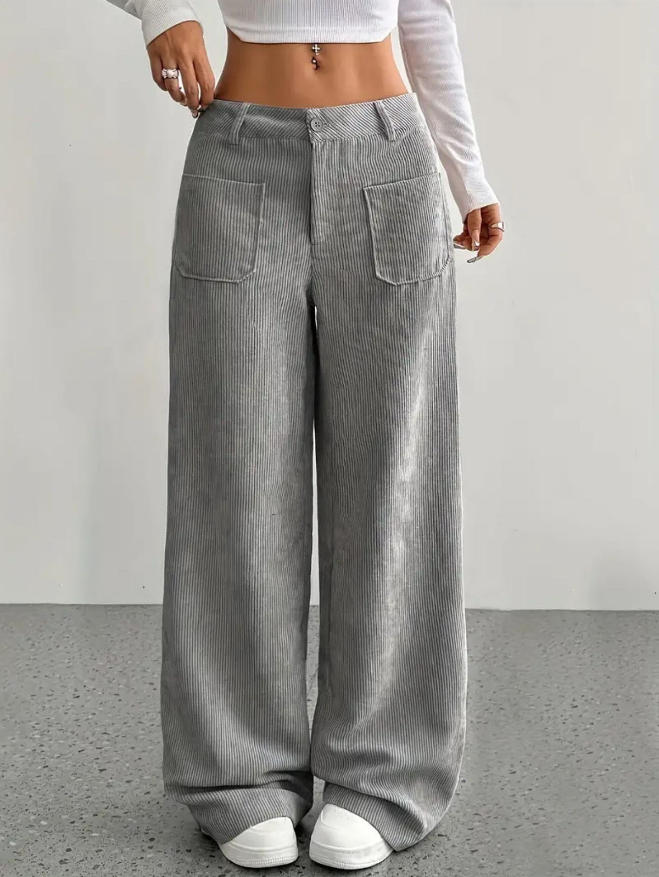 Corduroy Wide-Leg Pants for Women, Loose Fit, Front and Back Pockets, Solid Color