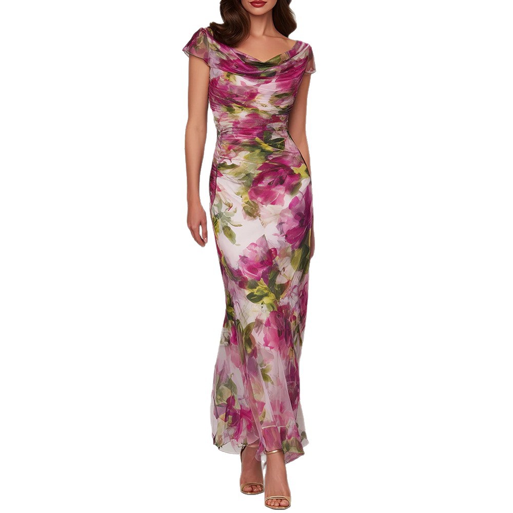 Women's Draped Neck Sleeveless Mermaid Maxi Dress Slim Fit Floral Print