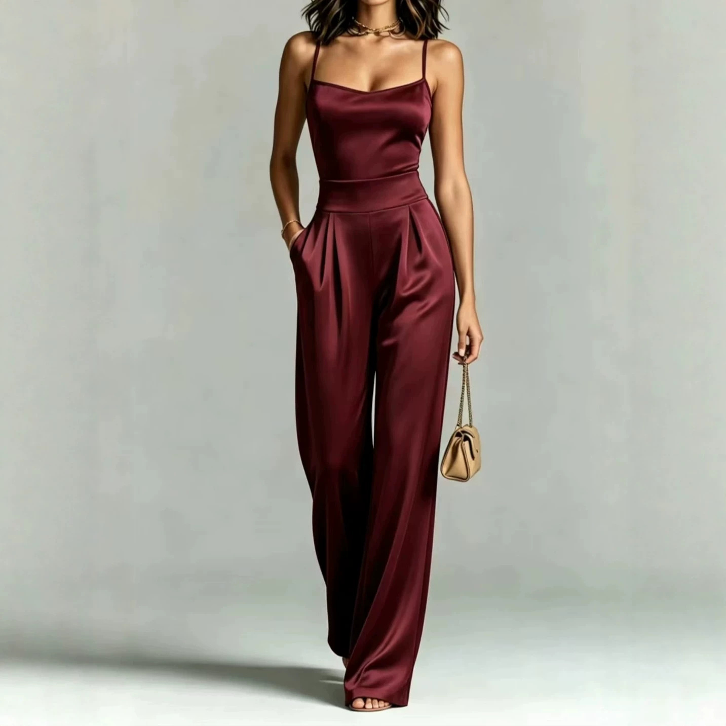 Women's Sleeveless Knit Jumpsuit with Pockets, Square Neck, Wide Leg, Cinched Waist