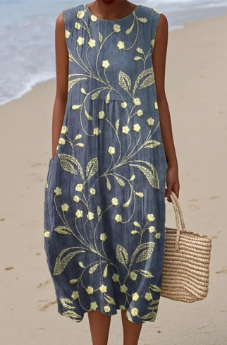 Women's Vintage Floral Sleeveless Midi Dress