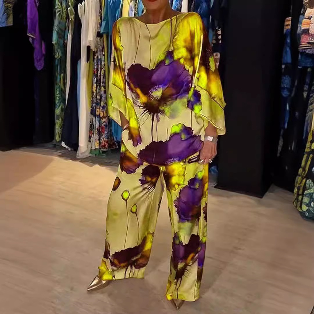 Urban Elegant Satin Off-Shoulder Loose Floral Print Batwing Sleeve Drawstring Pants Set