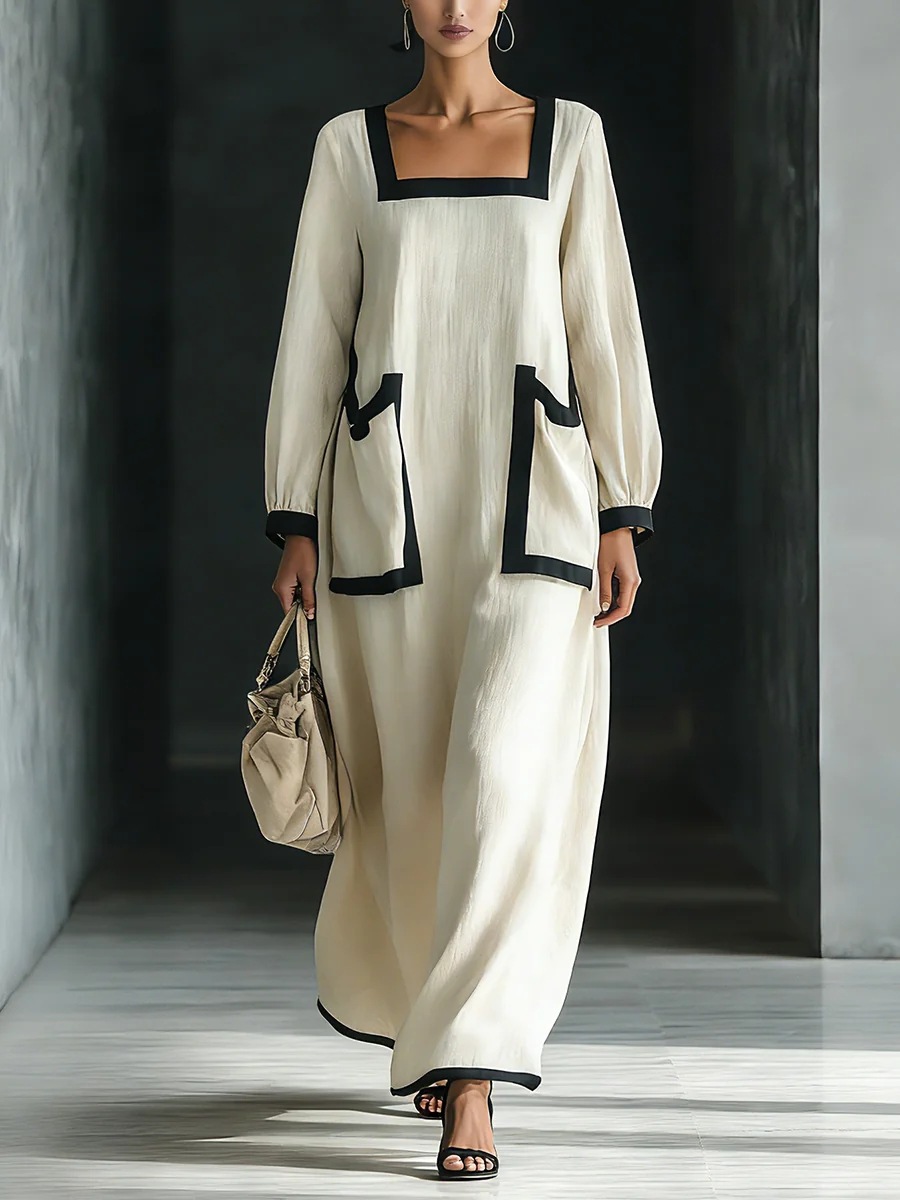 Square Neck Colorblock Trim Cotton-Linen Maxi Dress with Lantern Sleeves and Pockets