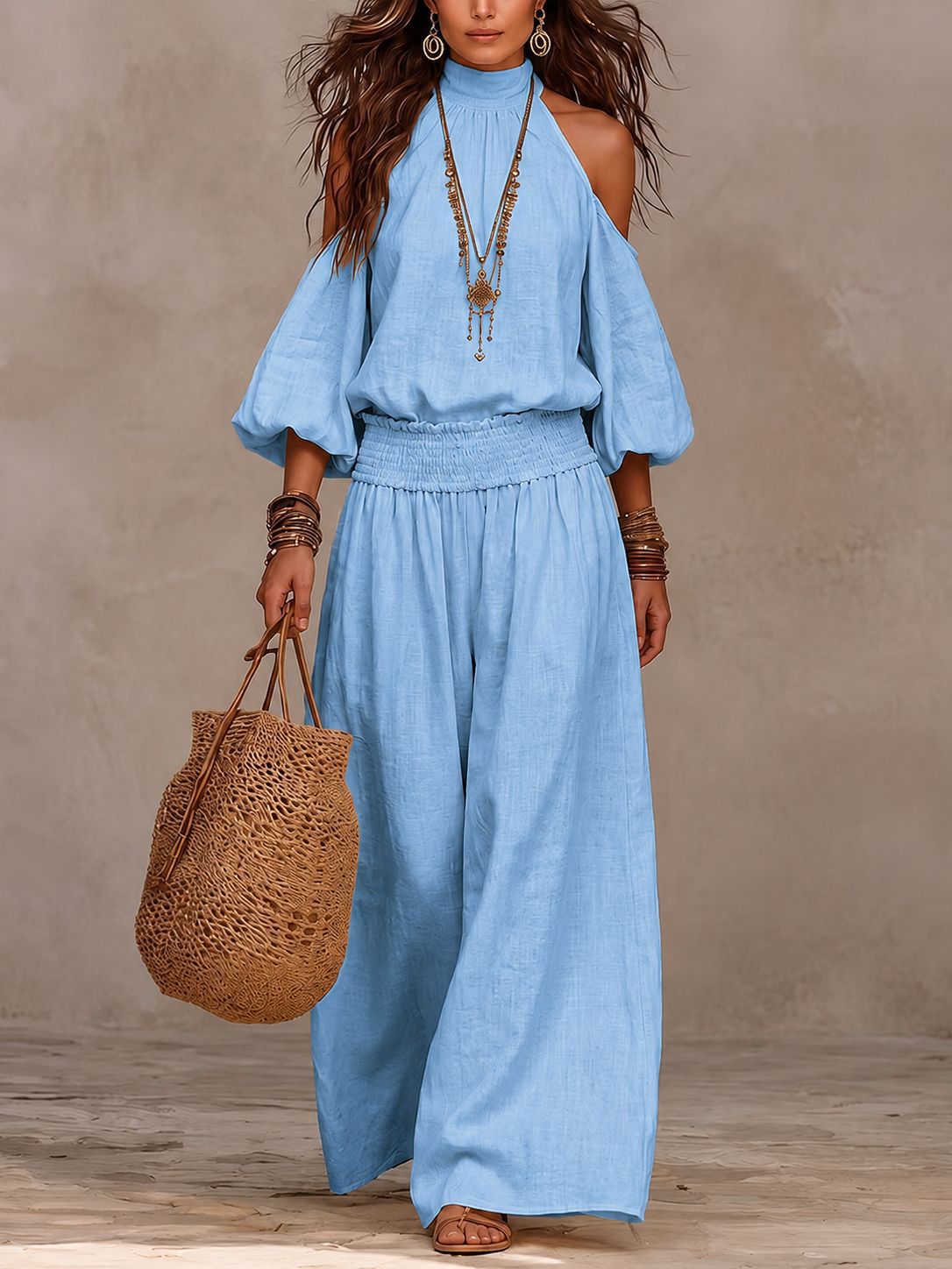 Women's Casual Loose Long Sleeve Cutout Top and Smocked Pants Two-Piece Set