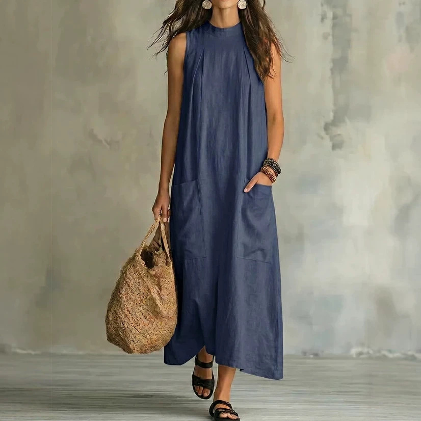 Elegant Linen-Blend Sleeveless Hollow-Out Maxi Dress