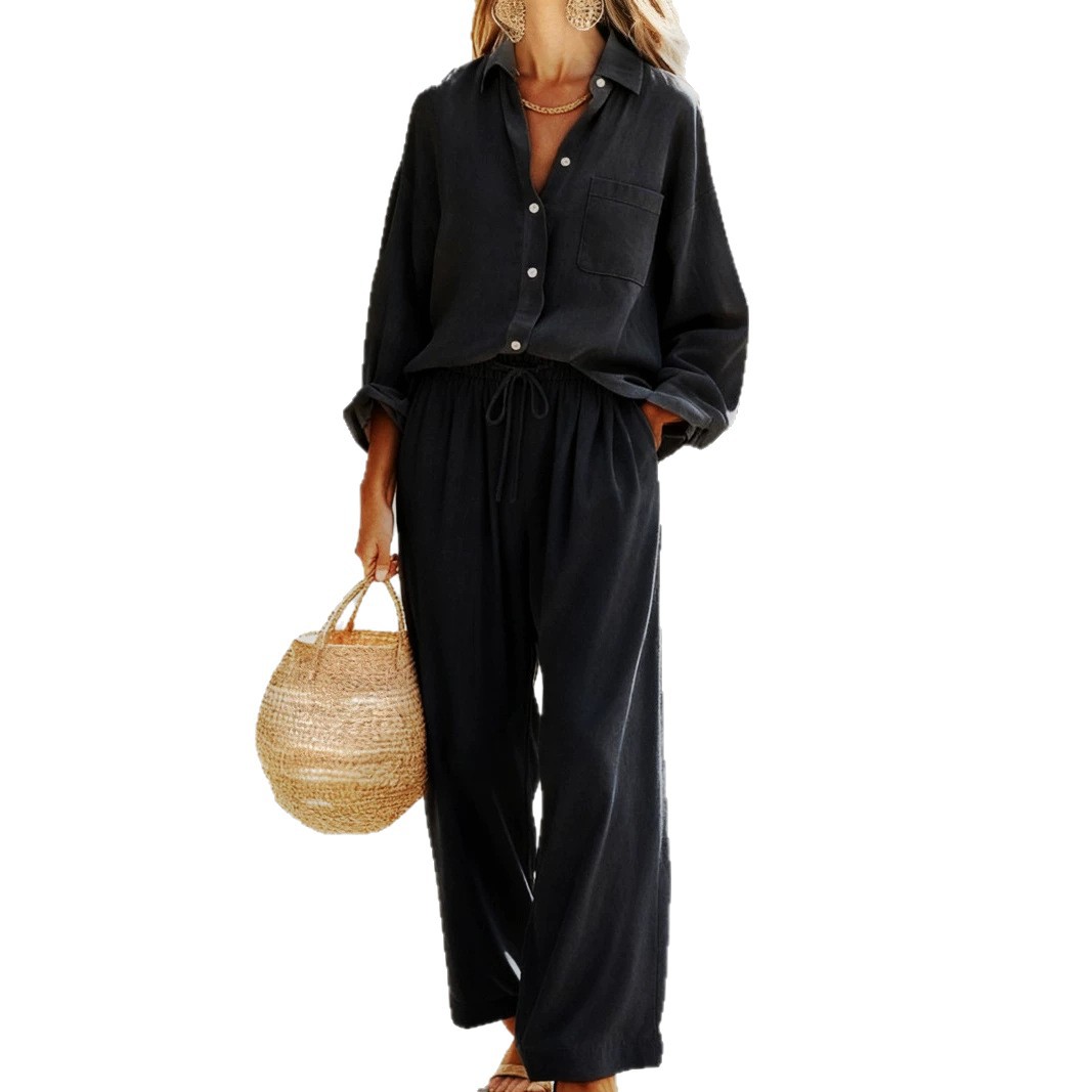 Women's Solid Color Faux Linen Long Sleeve Shirt and Pants Set