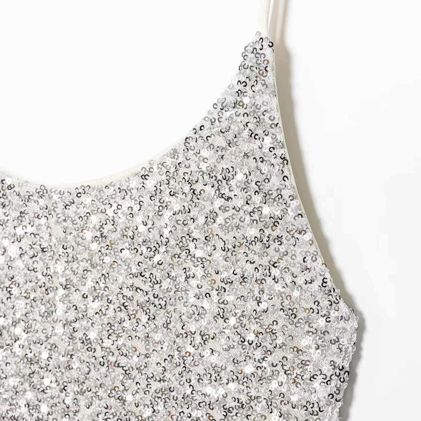 Sequin Cami Bodycon Midi Dress Sleeveless High Waist