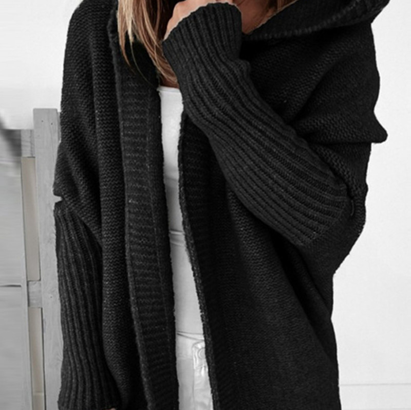 Hooded Knit Cardigan with Batwing Sleeves and Back Panel